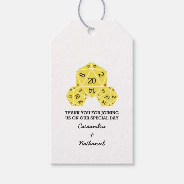 Yellow D20 Dice Wedding Gift Tags (Front)