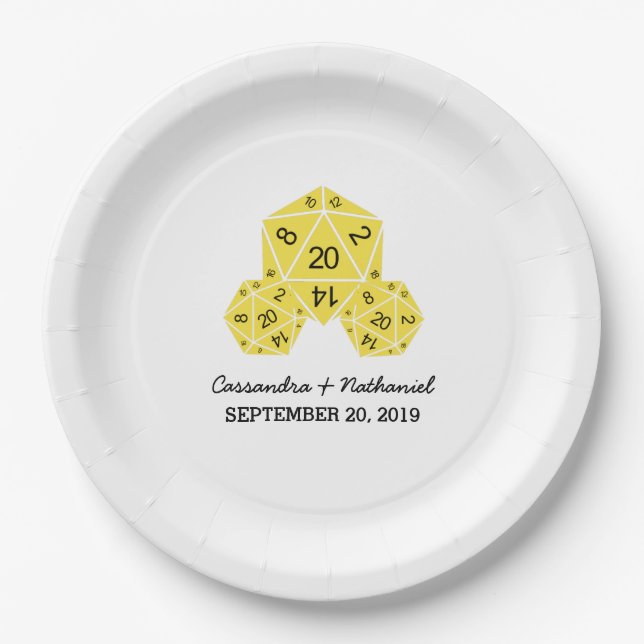 Yellow D20 Dice Wedding Paper Plates (Front)