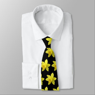 Yellow Daffodil Blooms Pattern on Black Neck Tie