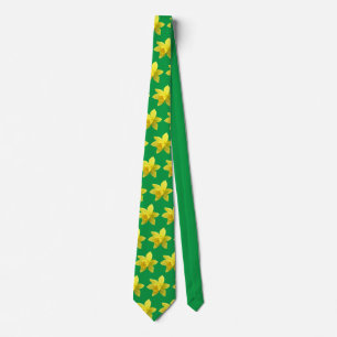 Yellow Daffodil Blooms Pattern on Green Neck Tie