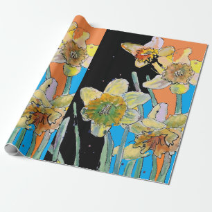 Yellow Daffodil Blue Spring flowers Art Watercolor Wrapping Paper