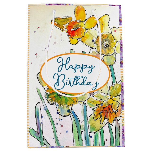 Yellow Daffodil Daffodils flower Watercolor Medium Gift Bag (Front)