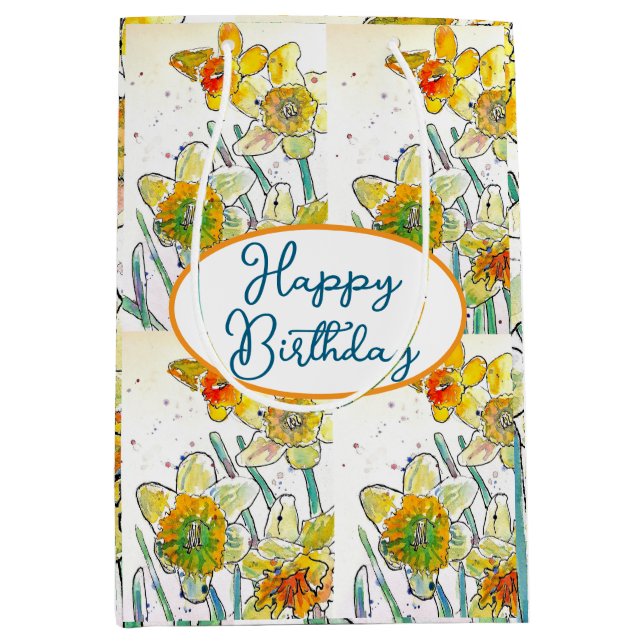 Yellow Daffodil Daffodils flower Watercolor Medium Gift Bag (Front)