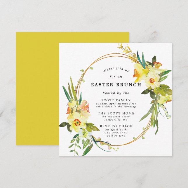 Yellow Daffodil Easter Brunch Square Invitation (Front/Back)