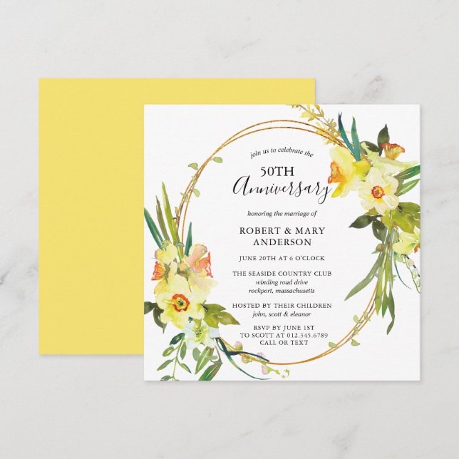 Yellow Daffodil Floral 50th Anniversary Party Invitation (Front/Back)