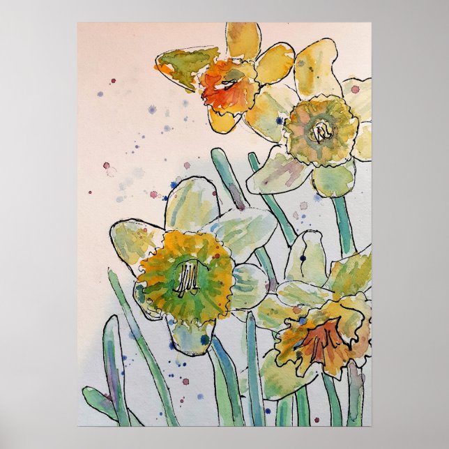 Yellow Daffodil Floral Flowers Watercolor Poster (Front)