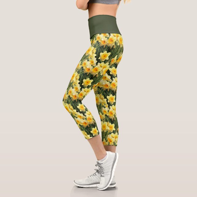 Yellow Daffodil Floral Pattern Capri Leggings (Left)