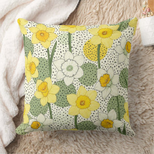 Yellow Daffodil Floral with Black Polka Dots Cushion