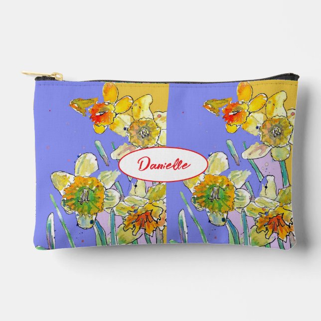 Yellow Daffodil Flower Pattern Watercolor Girls Accessory Pouch (Front)
