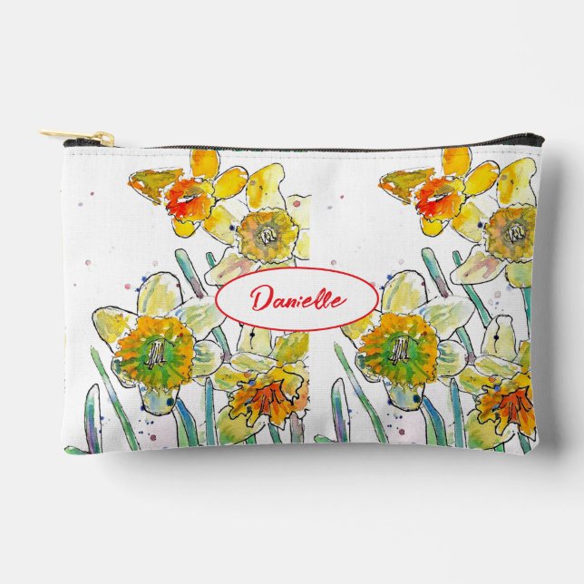 Yellow Daffodil Flower Pattern Watercolor Girls Accessory Pouch (Front)