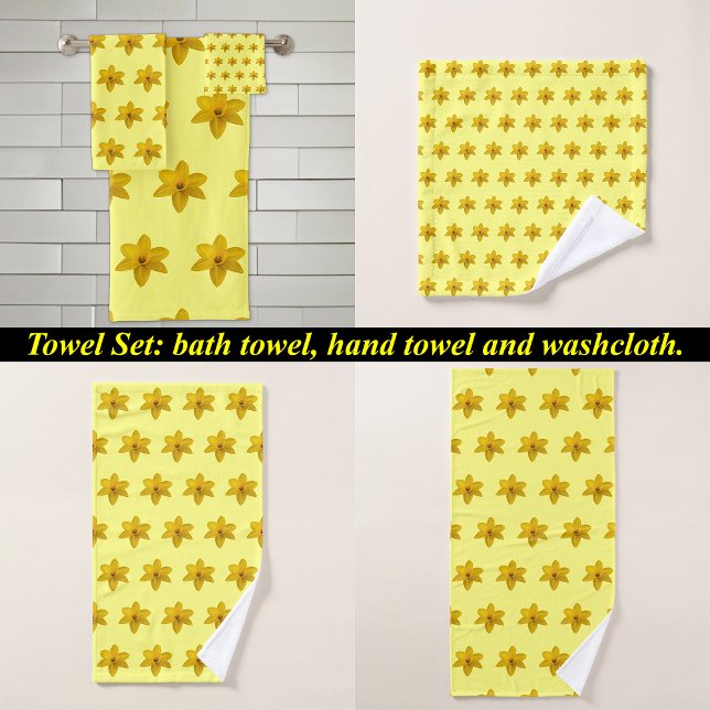 Yellow Daffodil Flower Seamless Pattern on Bath Towel Set (Yellow Daffodil flower seamless pattern on bath towel set: wash cloth, hand towel and bath towel)