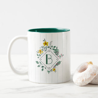 Yellow Daffodil Leaves Floral Stripe Monogram Two-Tone Coffee Mug