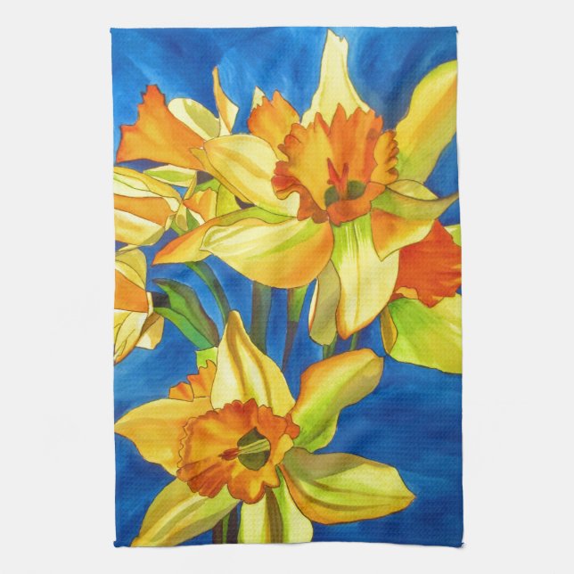 Yellow daffodil narcissus watercolour painting tea towel (Vertical)