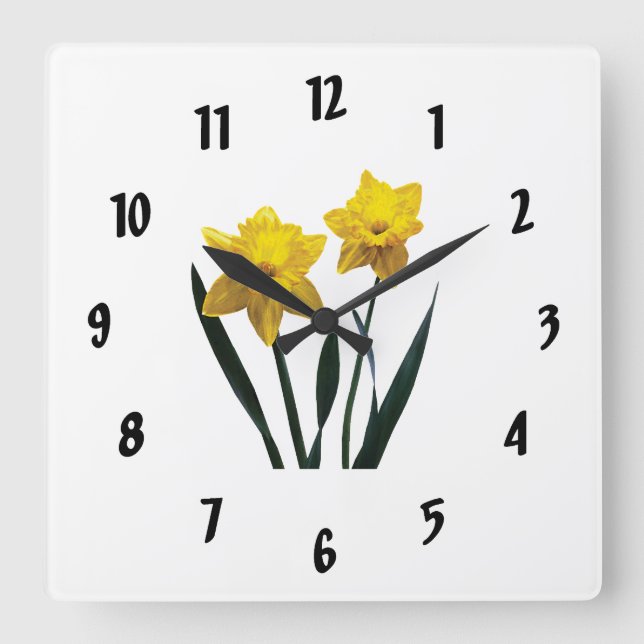Yellow Daffodil Pair Square Wall Clock (Front)