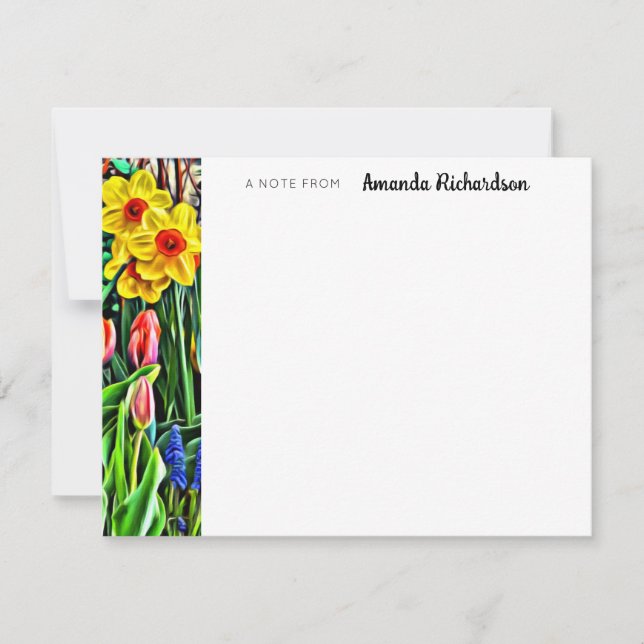Yellow Daffodil Pink Tulip Flat Note Card (Front)