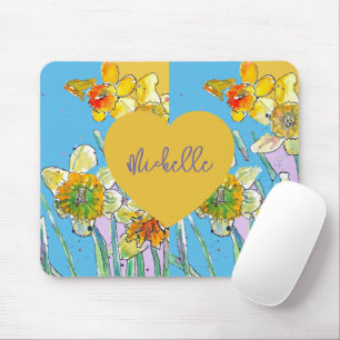 Yellow Daffodil Purple floral Womans Mouse Mat Pad