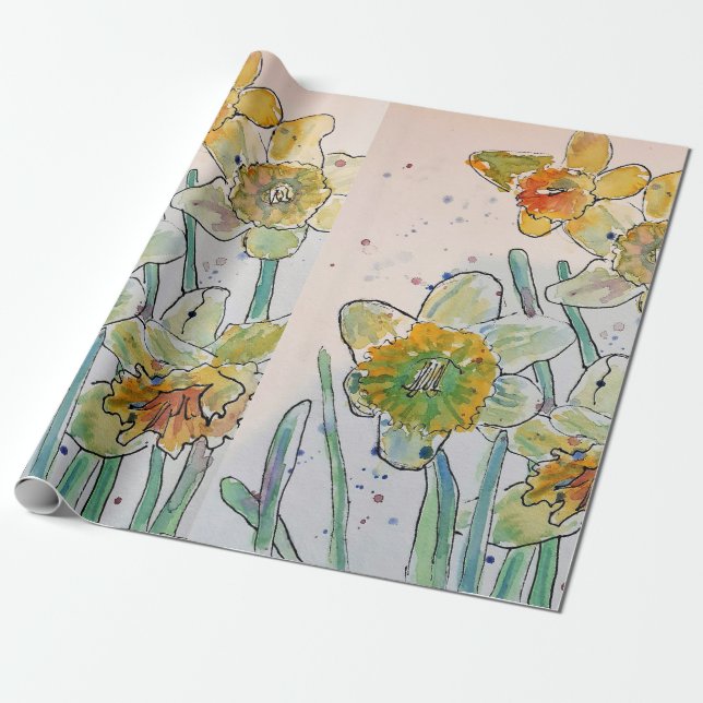 Yellow Daffodil Spring flowers Watercolor Wrapping Paper (Unrolled)