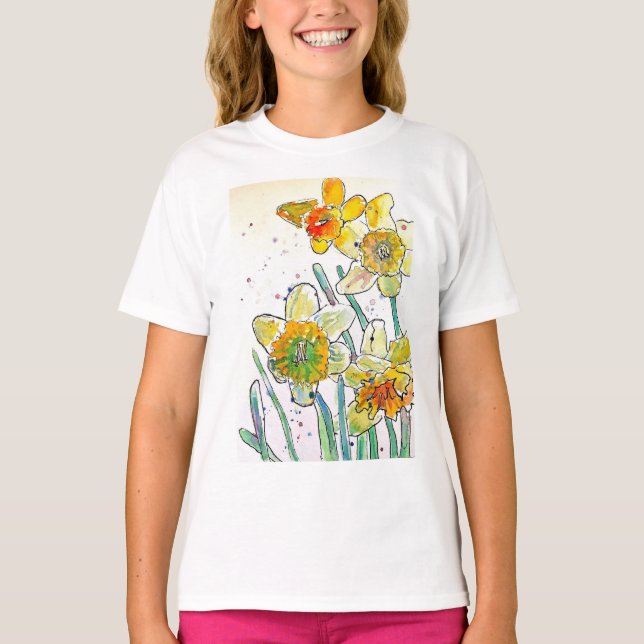 Yellow Daffodil watercolour art Girls T Shirt  (Front)