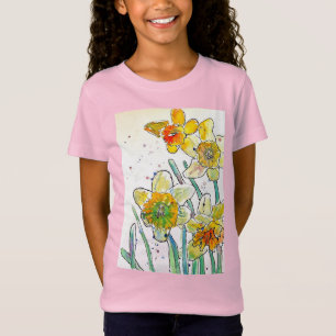 Yellow Daffodil watercolour art Girls T Shirt pink