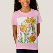 Yellow Daffodil watercolour art Girls T Shirt pink