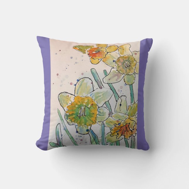 Yellow Daffodil Watercolour Flower floral Cushion (Front)