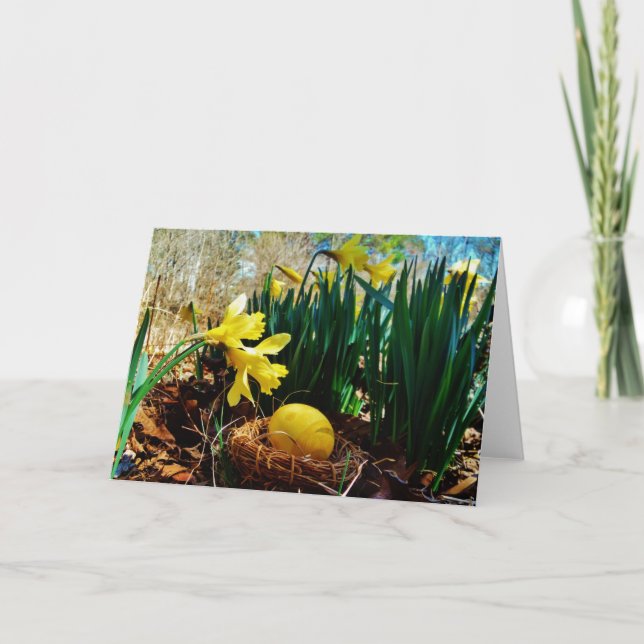 Yellow Daffodils and a Yellow Easter egg Holiday Card (Front)