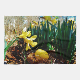 Yellow Daffodils and a Yellow Easter egg Tea Towel