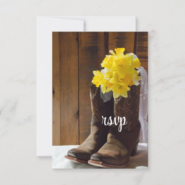 Yellow Daffodils Cowboy Boots Western Wedding RSVP (Front)