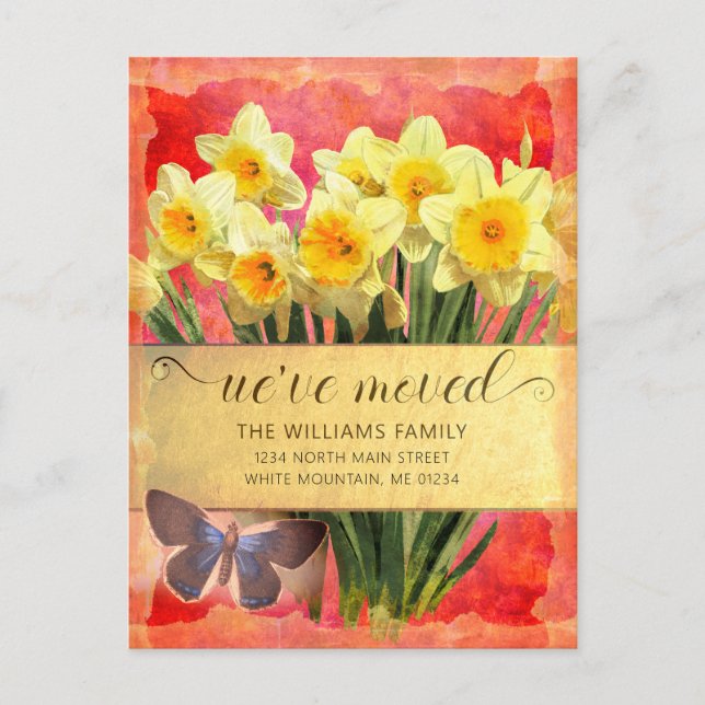 Yellow Daffodils Floral Butterfly Coral Moving Announcement Postcard (Front)