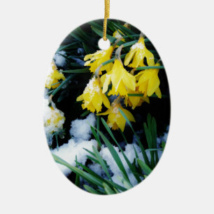 Yellow Daffodils flowers in the snow Ceramic Tree Decoration