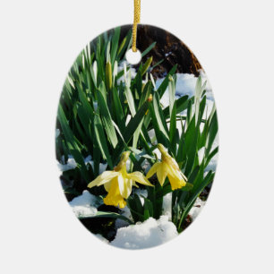 Yellow Daffodils flowers in the snow Ceramic Tree Decoration