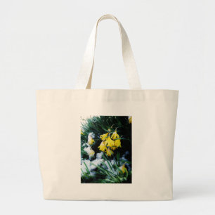 Yellow Daffodils flowers in the snow Large Tote Bag