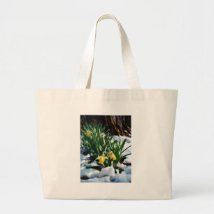 Yellow Daffodils flowers in the snow Large Tote Bag