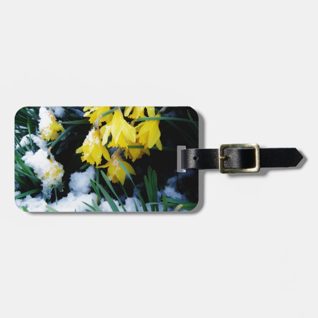 Yellow Daffodils flowers in the snow Luggage Tag (Front Horizontal)