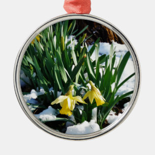 Yellow Daffodils flowers in the snow Metal Tree Decoration