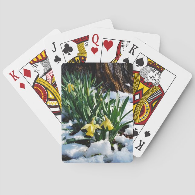 Yellow Daffodils flowers in the snow Playing Cards (Back)