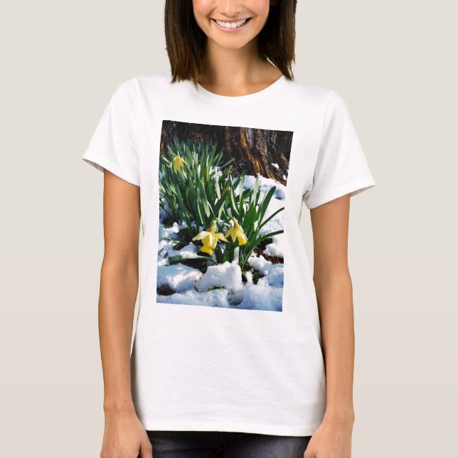 Yellow Daffodils flowers in the snow T-Shirt (Front)