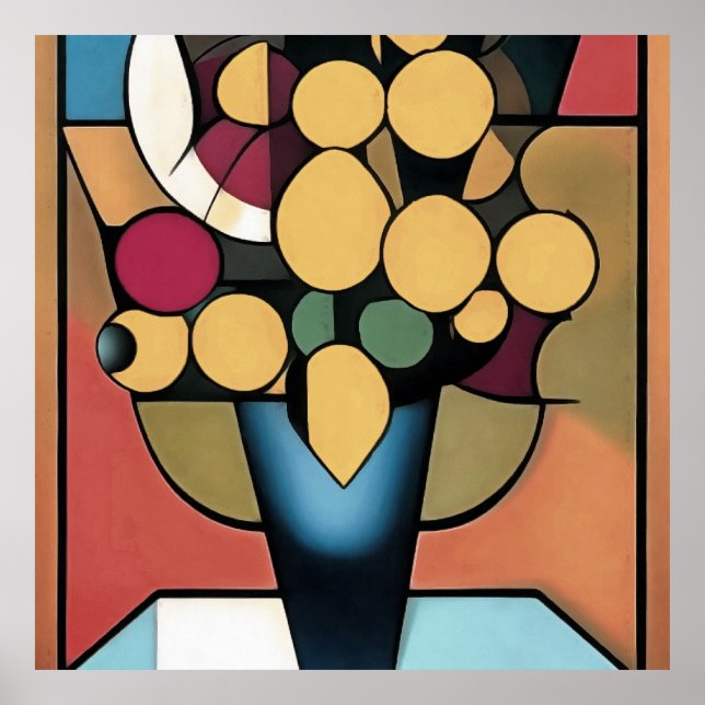 Yellow Daffodils In A Blue Vase Geometric Style Poster (Front)