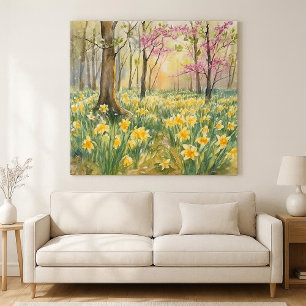 Yellow Daffodils in Spring Forest Watercolor  Canvas Print