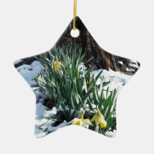 Yellow Daffodils in the snow Ceramic Tree Decoration