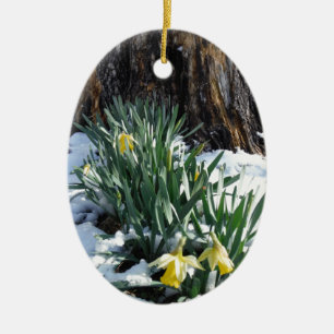 Yellow Daffodils in the snow Ceramic Tree Decoration