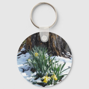 Yellow Daffodils in the snow Key Ring