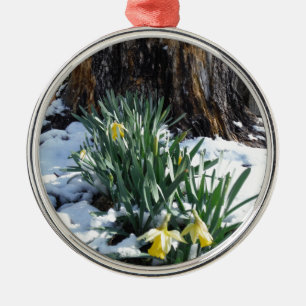 Yellow Daffodils in the snow Metal Tree Decoration