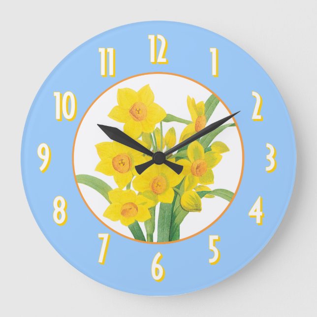 Yellow Daffodils on Blue Floral Wall Clock (Front)