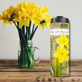 Yellow Daffodils On Rustic Green Flowers Quote Thermal Tumbler
