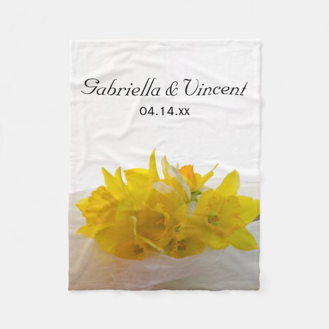 Yellow Daffodils on White Spring Wedding Fleece Blanket (Front)