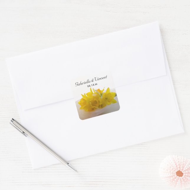 Yellow Daffodils on White Spring Wedding Square Sticker (Envelope)