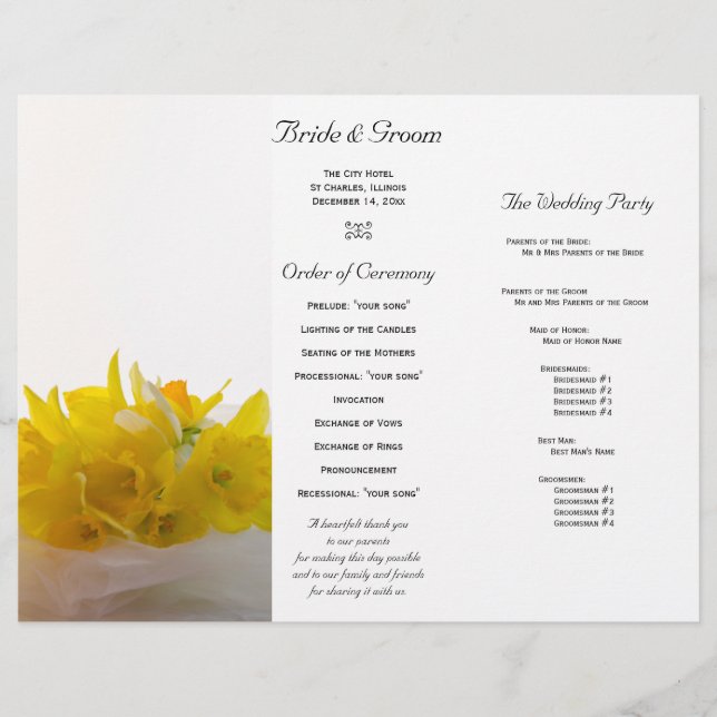 Yellow Daffodils on White Tri Fold Wedding Program (Front)