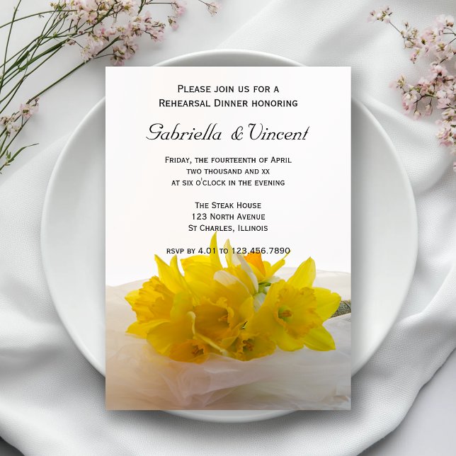 Yellow Daffodils on White Wedding Rehearsal Dinner Invitation (Creator Uploaded)