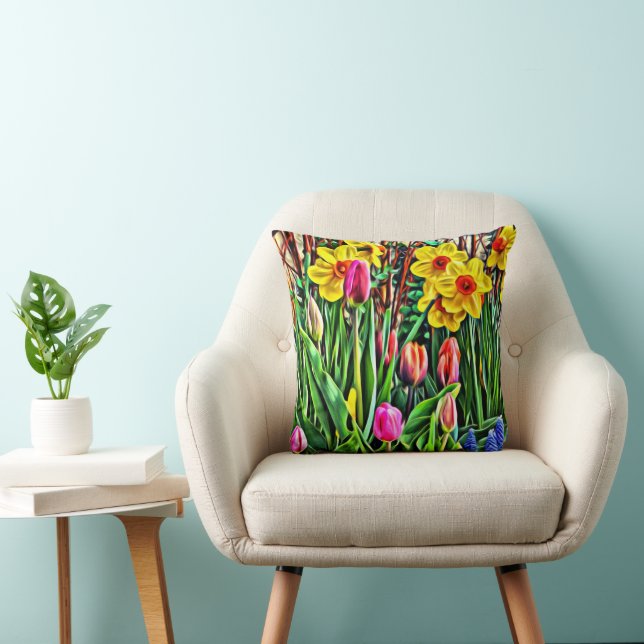 Yellow Daffodils Purple Tulips Blue Mascari  Cushion (Chair)